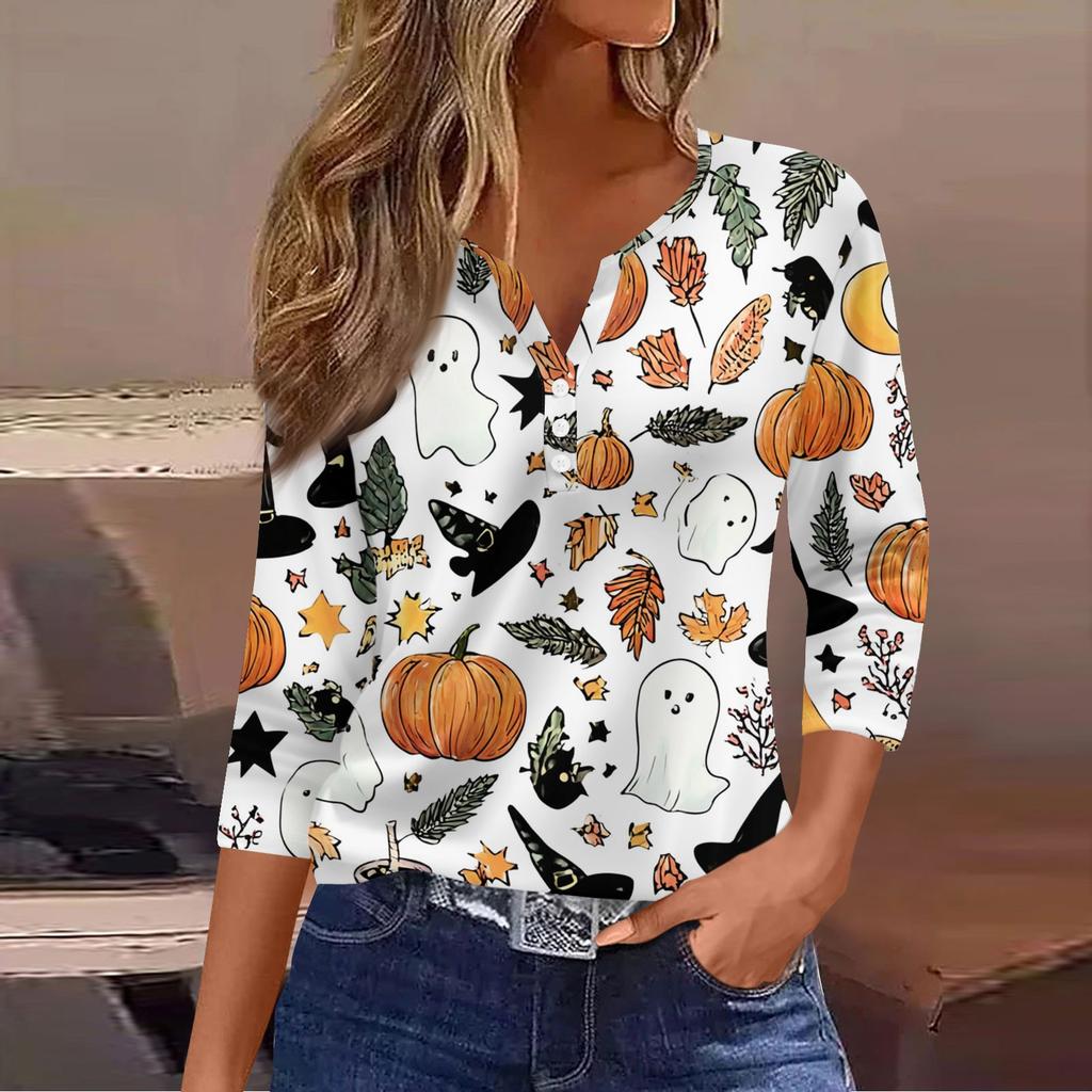 Women's Casual Fashion V-neck Loose Versatile Halloween Print Three-quarter Sleeve Top