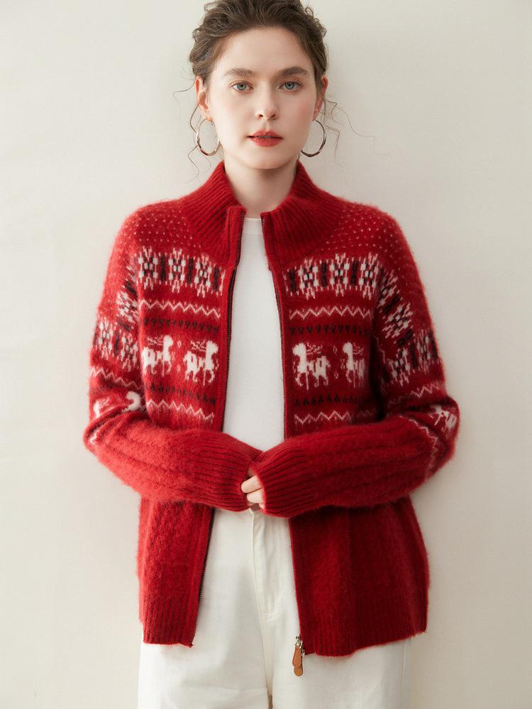 Cárdigan de cachemir con cremallera y jacquard para mujer Otoño/Invierno 2026 con cuello semi-alto