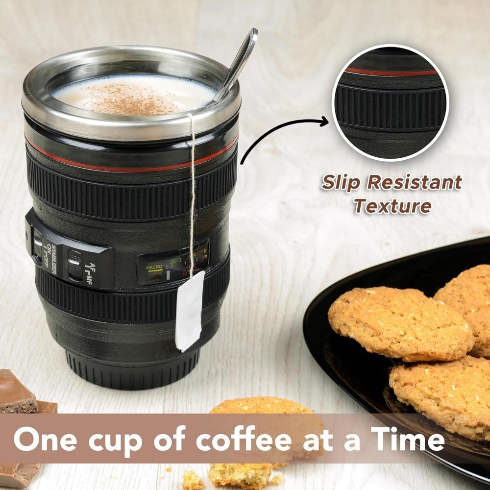 1pc Camera Lens Mug Photographer Gifts Lens Coffee Cup Stainless Steel Black Camera Cup with Leakproof Kitchen Tools