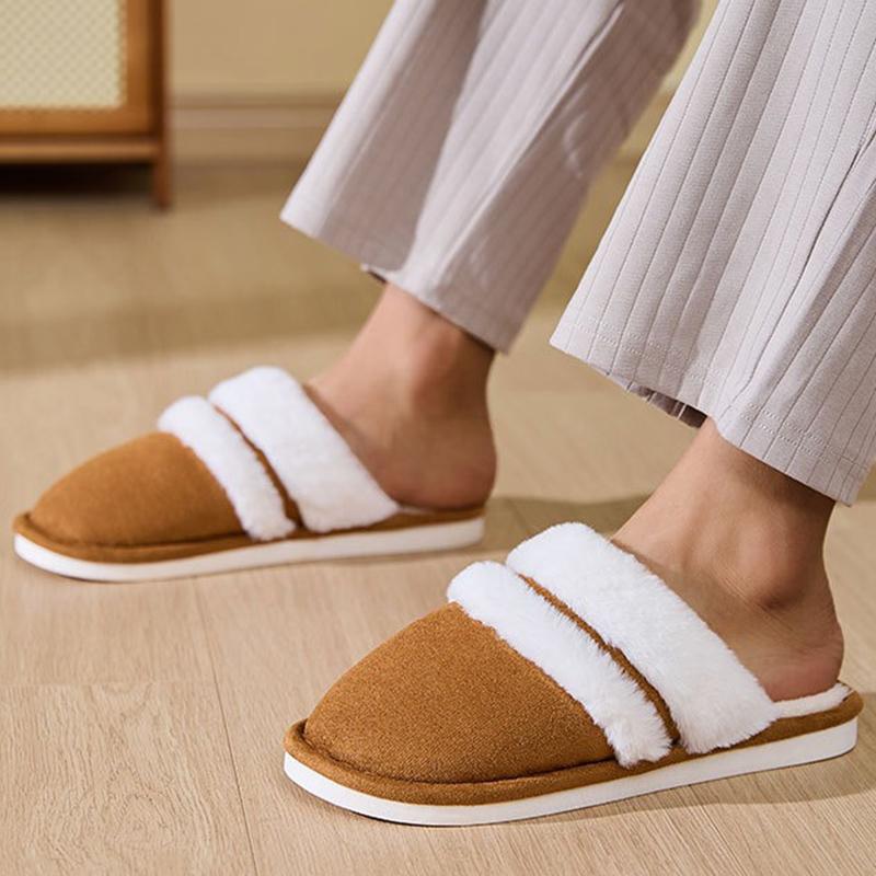 Fashion Soft Faux Fur Plush Slippers for Women Winter Chic Mix Color Warm Cotton Slides Woman Round Toe Non Slip Cotton Slippers Ladies