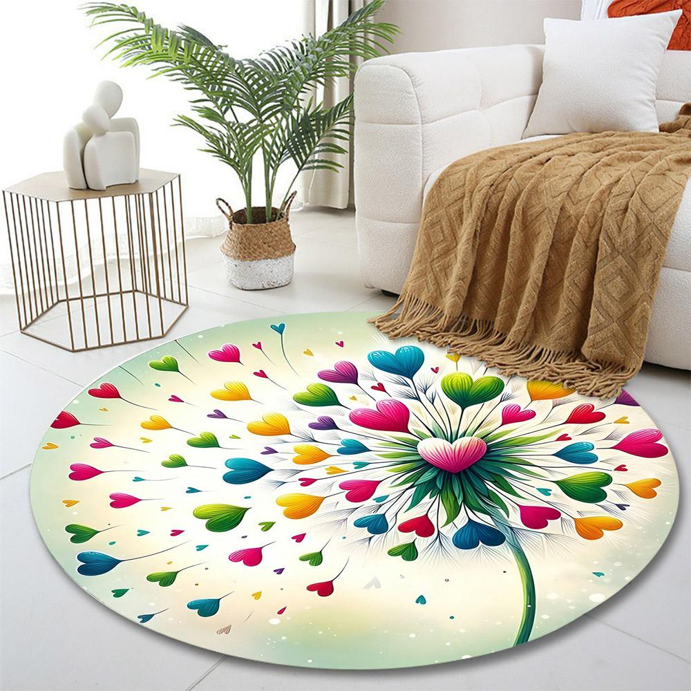 Colorful Heart Dandelion Design Print round rug, living room, bedroom, playroom carpet, non slip floor mat, gift