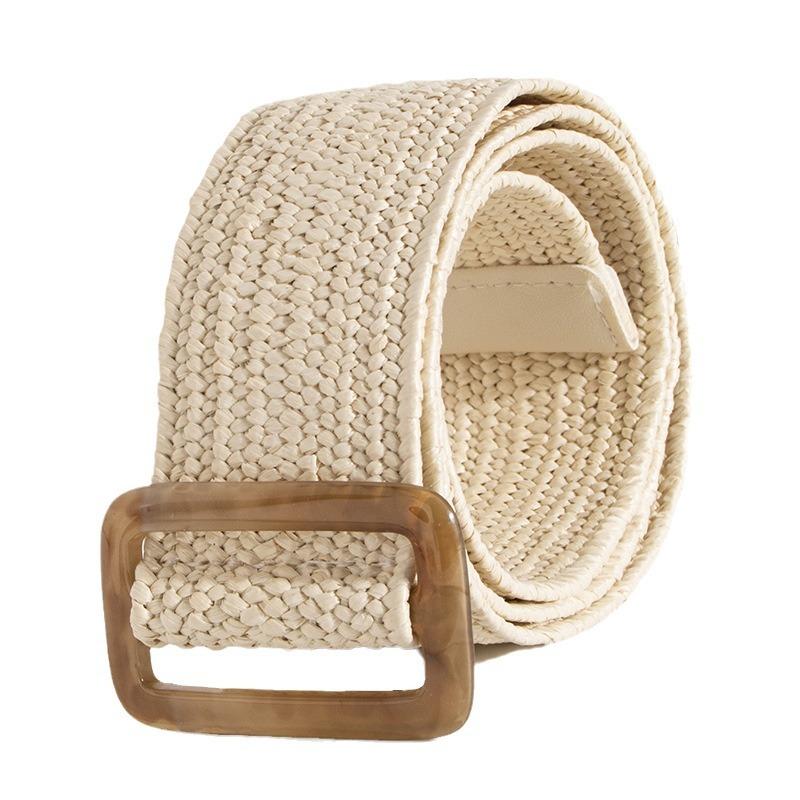 Bohemian Pp Grass Belt for Women, Versatile Decorative Elastic Resin Buckle Woven Women's Belt