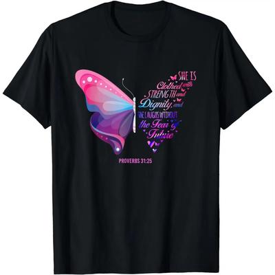 Bible Verse Proverbs 31:25 Butterfly T-Shirt Bible Words Tops Men Clothing  Ropa Hombre