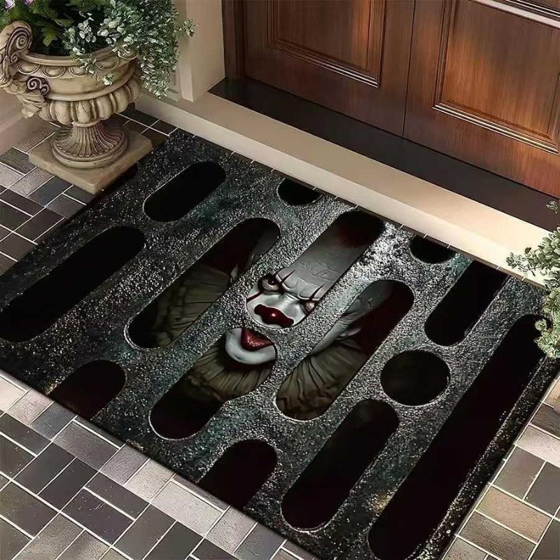 Halloween Clown Horror Theme Doormat Manhole Cover Design Entryway Anti Slip Mat Halloween Decor Personalized Rug