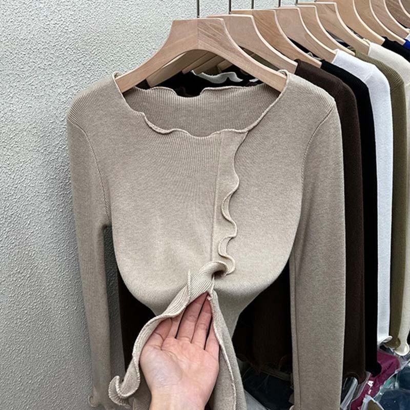 Sweater for Women Autumn Winter Thickened Warm Knitted Stretchy Long Sleeve Solid Color Round-neck Tops