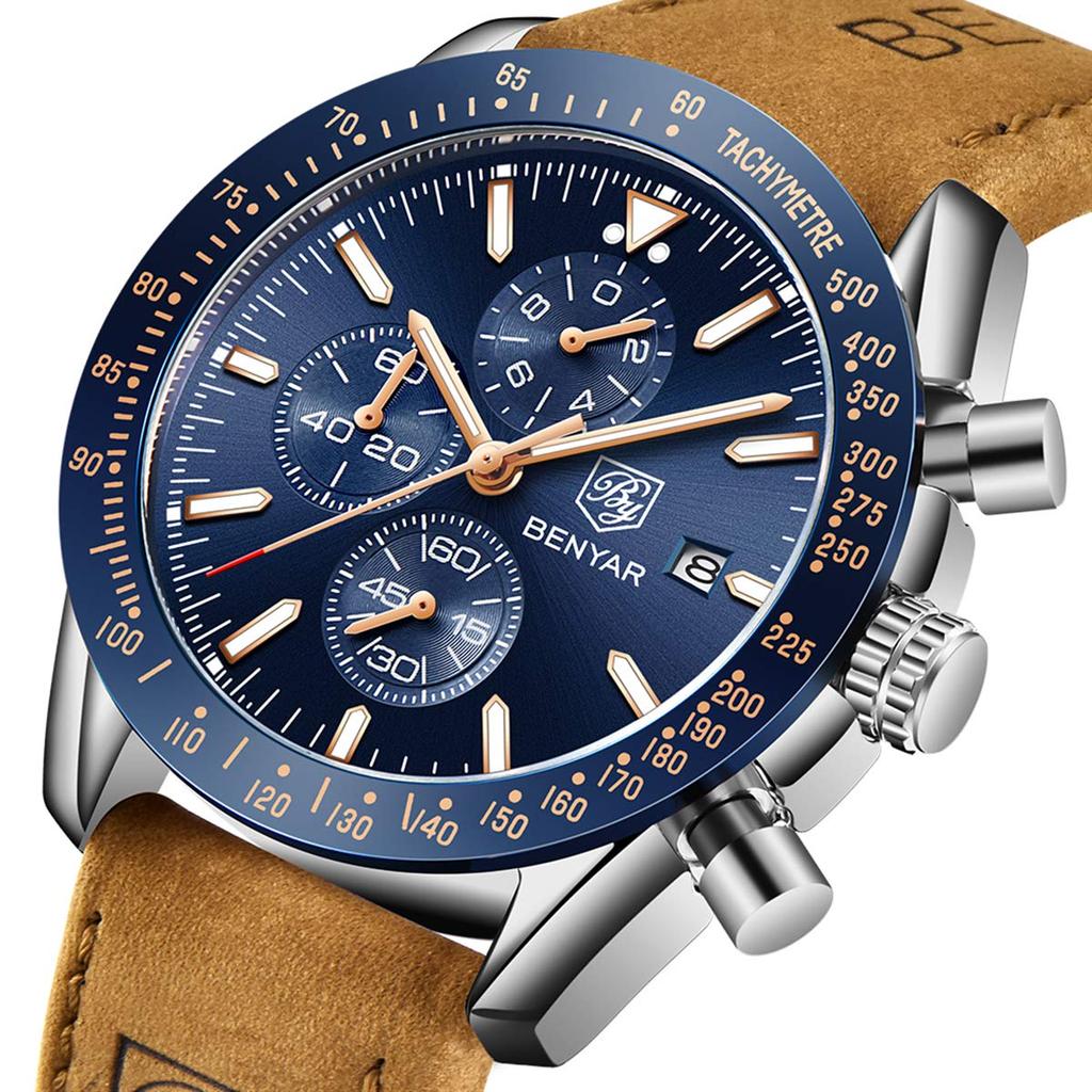 VON BENYAR Analog 30M Wasserdicht Leder Quarz Geschenk für Männer Herrenuhr, Chronograph, Uhr, Widerstandsfähig, Business, Einfach, Stilvoll, Beliebt, Formell, Armband,
