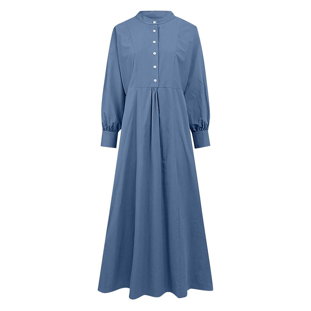 Women's Long Sleeve Button Down Casual Outfits Solid Color Round Neck Maxi Dresses
