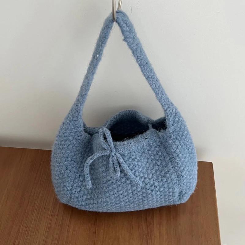 Knitted Tote Bag For Women Soft Shoulder Bag Daily Commuter Versatile All Match Handbag Double Sided Bow Underarm Purse