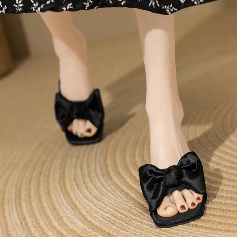 Butterfly knot stiletto sandals women's fashion square head open toe set foot anti-slip wear-resistant high-heeled slippers