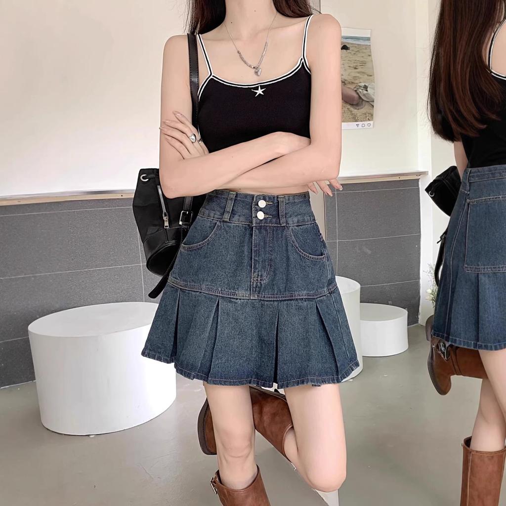 High-waisted Retro Denim A-Line Skirt for Women - Summer Korean Style, Tummy-Covering, Slimming, Designer Niche, Short Pleated Skirt