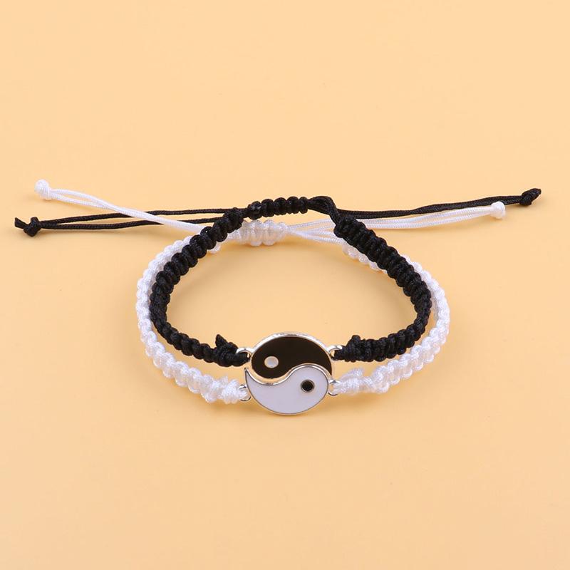 

2 шт. Черно-белый для пары, дружбы, парные подарки для влюбленных, браслет-цепочка плетеный из веревки в китайском стиле с регулировкой чёрный/серебряный