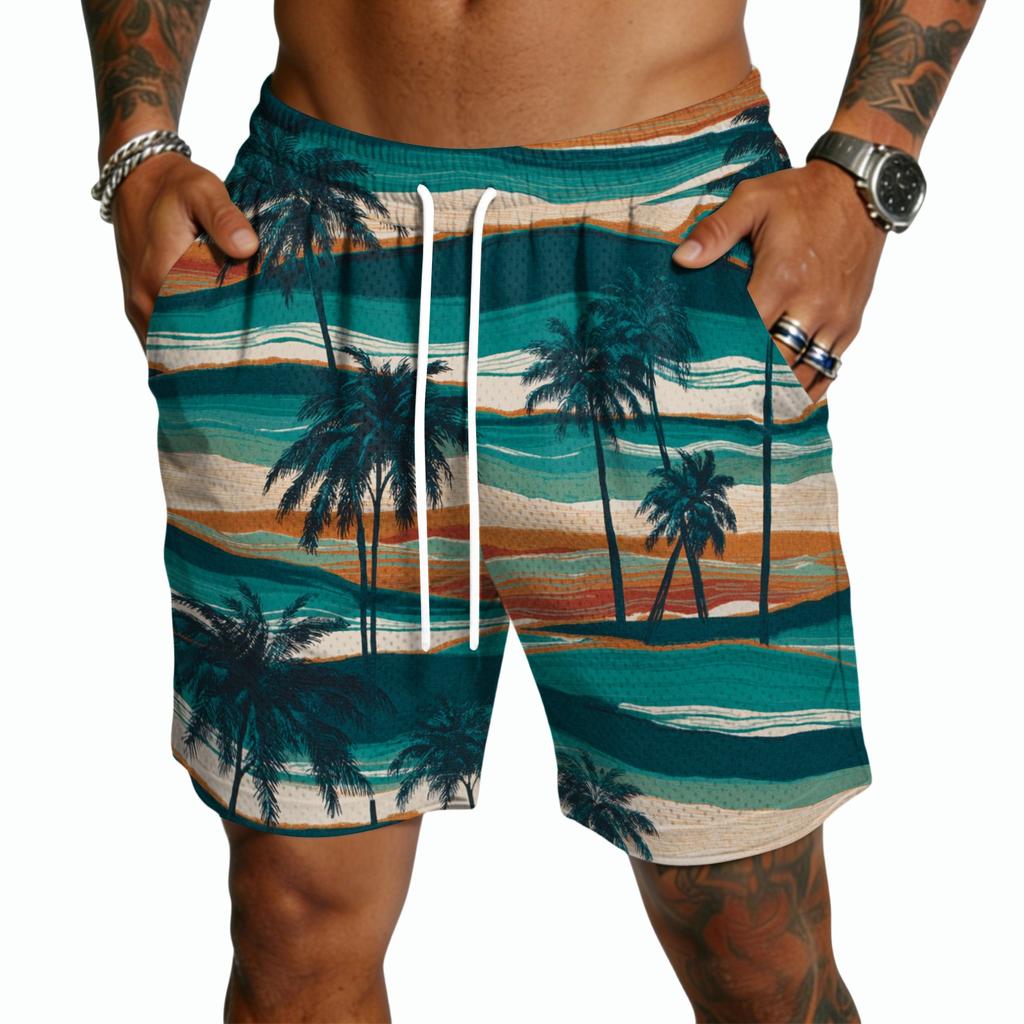 Herren Freizeitshorts mit Kordelzug Leicht Schnelltrocknend Innenbeinlänge Fünf Zoll Hawaiianischer Print Strand Badeshorts mit Taschen