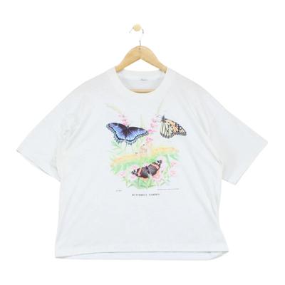 Vintage Butterfly Garden T-Shirt Womens Size L White Single Stitch Oversized