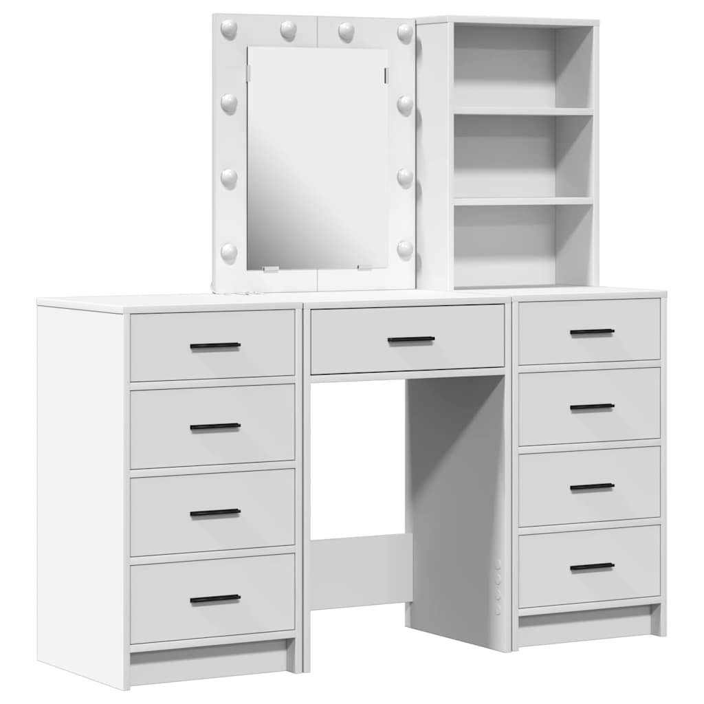 Makeup Table with Mirror Lighting 3 Pcs White Wood Based Material