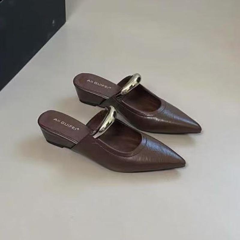 Mature Casual Comfortable Slope Heel Cool Slippers Women's Niche Premium Pointed Metal Buckle Bag Head Thick Heel Half Support