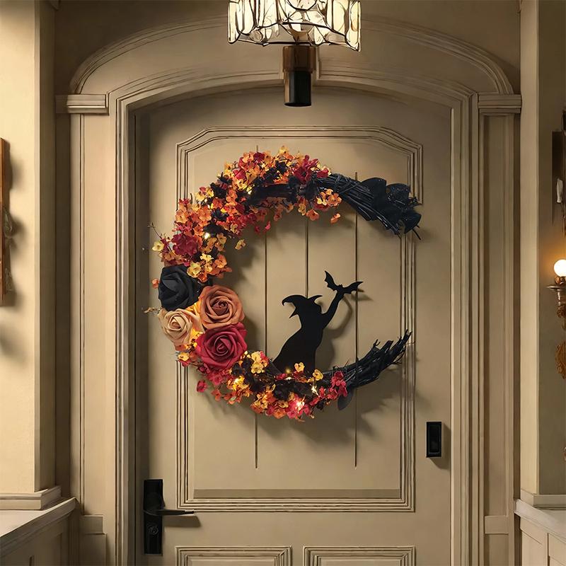 Halloween Gothic Wreath Decor Artificial Moon Cat Garland Handmade Moon Cat Halloween Door Hanging Decor Halloween Decor Supplie