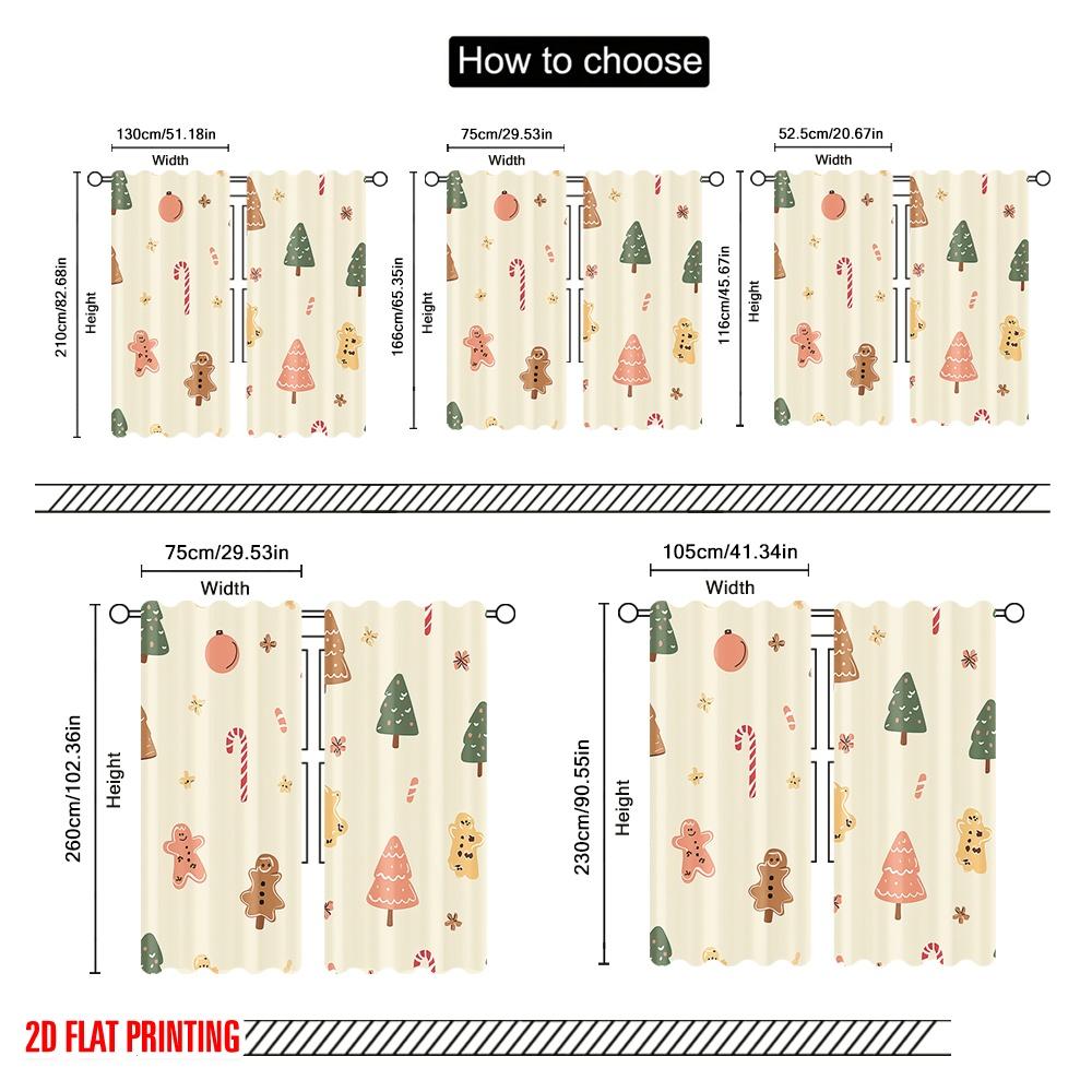 2pcs,2D Plane Printing Window Curtain Christmas Trees Gingerbread Candies SnowGlobe 100% Polyester (without Rod) Holiday Use for