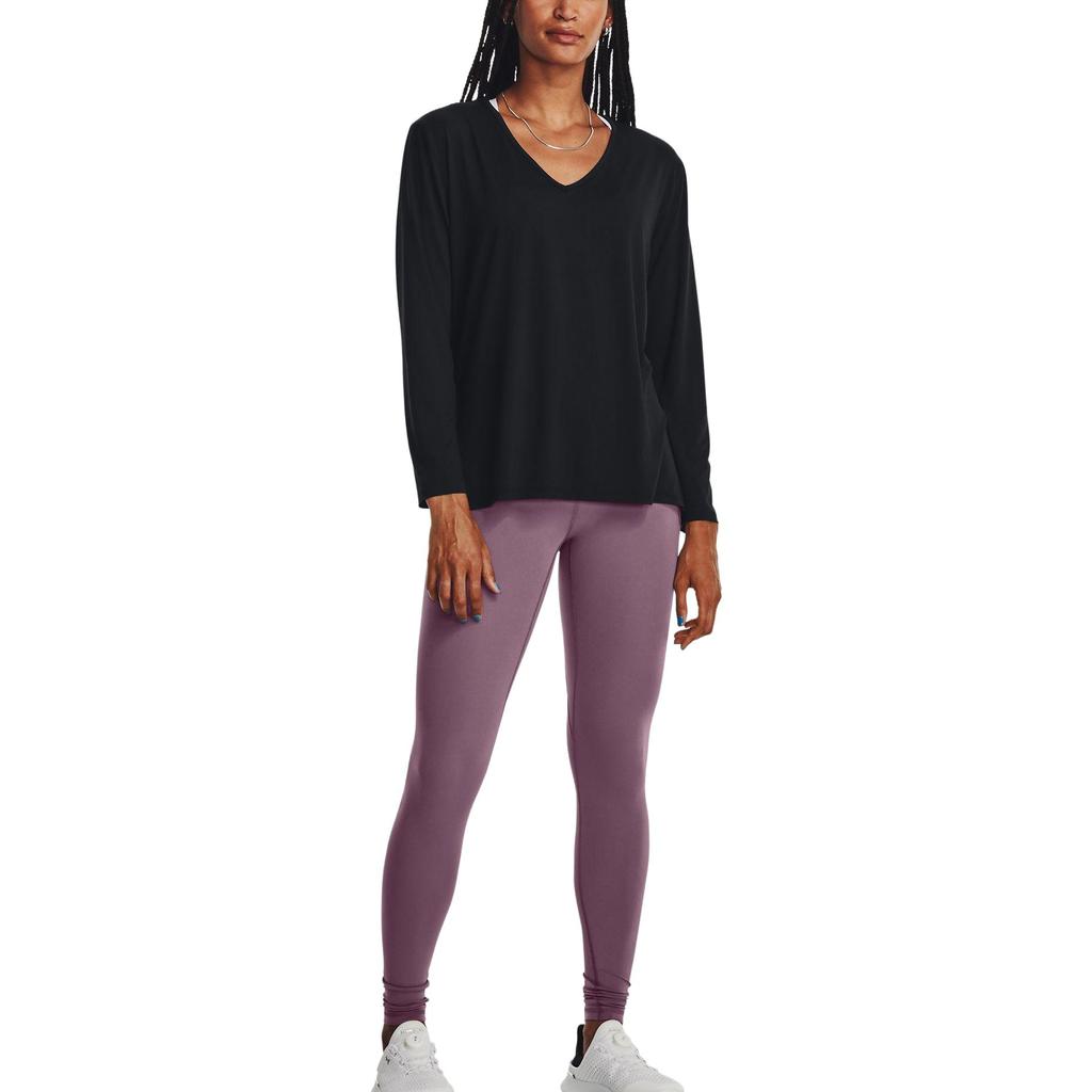 Under Armour Solid Loose V-Neck Long Sleeve T-Shirt Women Tops Black 1379158-001