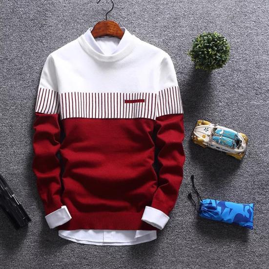 Herren Color Block Streifen Rundhals Langarm Schlank Gestrickter Pullover Pullover Oberteil