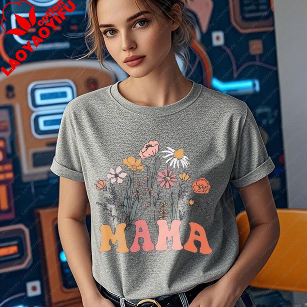 Mama Floral Shirt Women Mom Vintage Boho Wild Flowers Graphic Tshirt Cottagecore Gardening Tops Mothers Day Gift Casual Tee