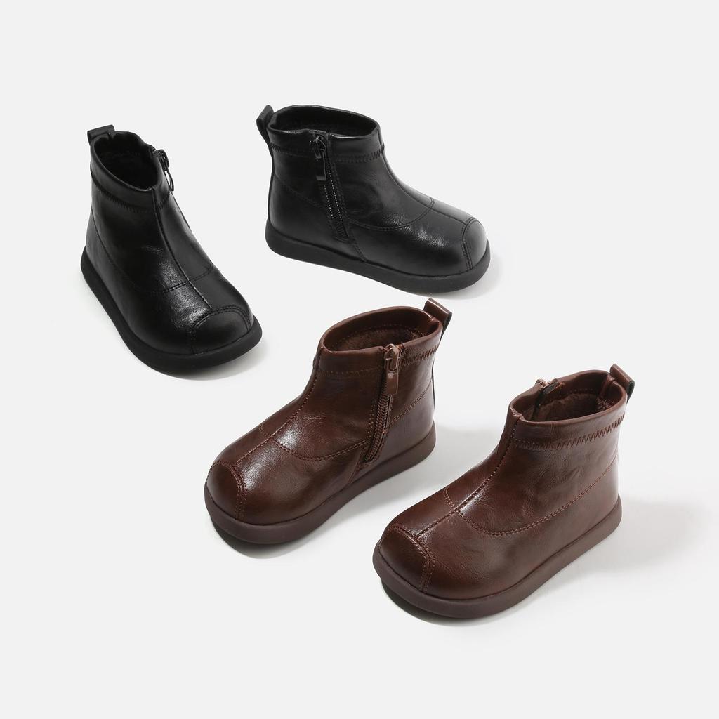 Fluffy Kids' Korean Style Leather Boots: Simple Short Boots for Babies & Toddlers - Perfect for Autumn & Winter