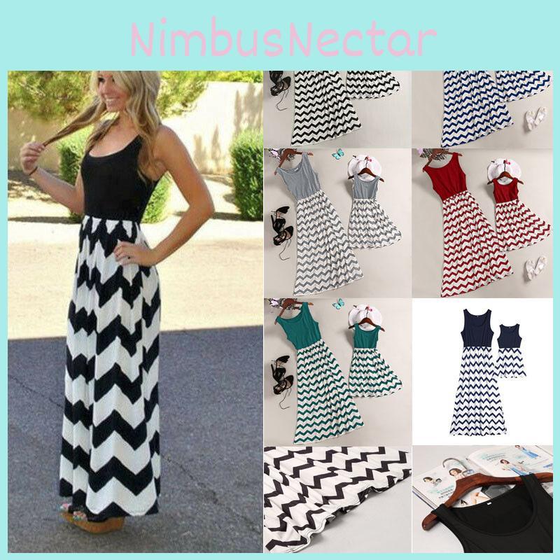 Stylish Mother And Daughter Fashion Casual Boho Stripe Maxi Matching Dress Outfits