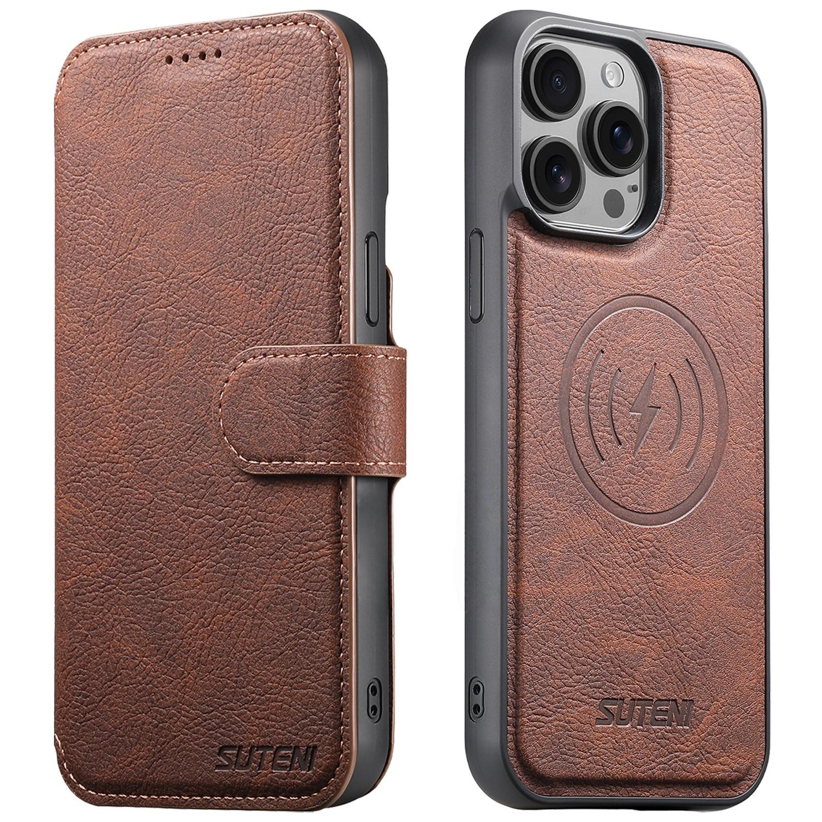 

SUTENI Q-05 For iPhone 15 Pro Max Case Detachable Wallet Stand Litchi Texture Leather Flip Phone Cover Brown