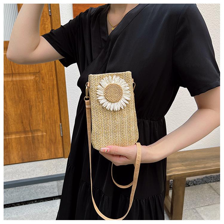 Straw Woven Shoulder Bag for Women, Trendy Sunflower Crossbody Purse, Soft Casual Handbag KTB