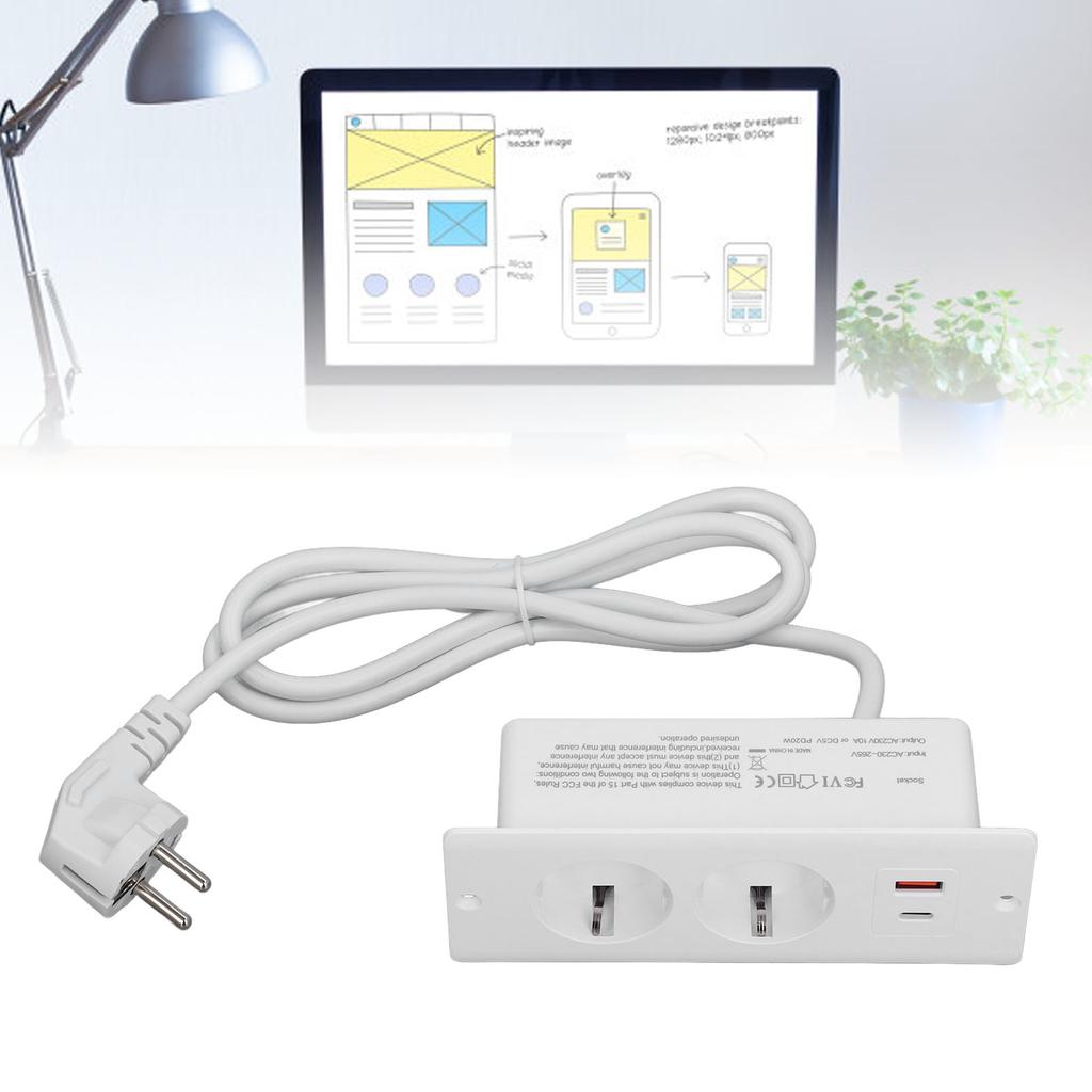 Recessed Socket 2 Outlets with PD20W USB C USB A Port Embedded Furniture Power Strip 1.5m Cord