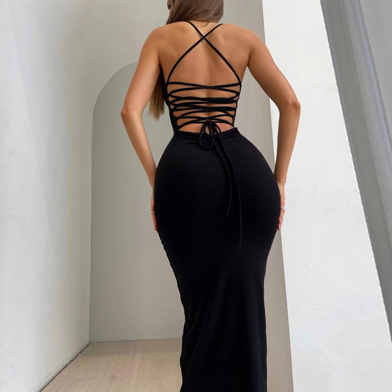 Women's 2024 Summer New Fashion and Sexy Backless Strap Slim Fit Solid Color Dress
