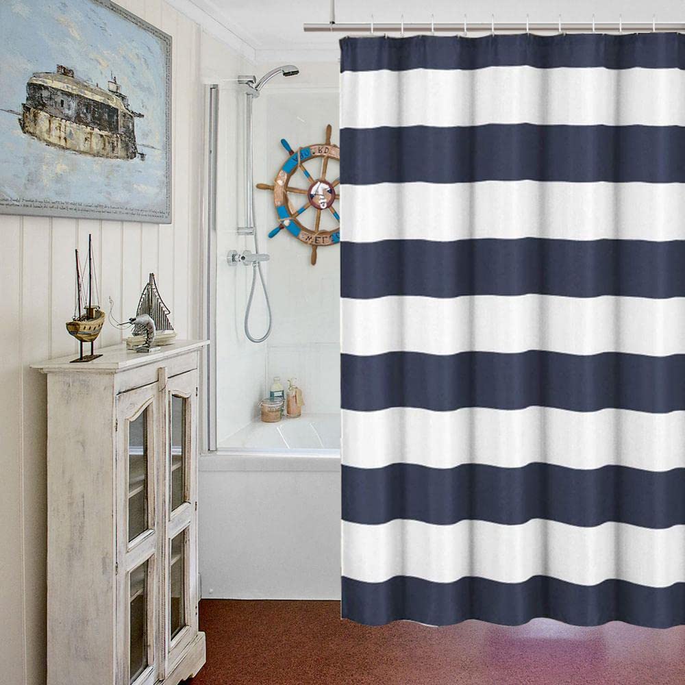 Navy Blue Shower Curtain Stripes Blue And White Shower Curtain Fabric Shower Curtain For Bathroom Waterproof Home Bath Decor W60H190(CM)-1 Pcs