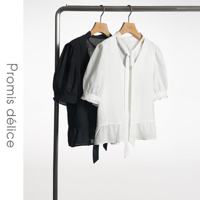 Women s V-Neck Ribbon Short Sleeve Blouse S