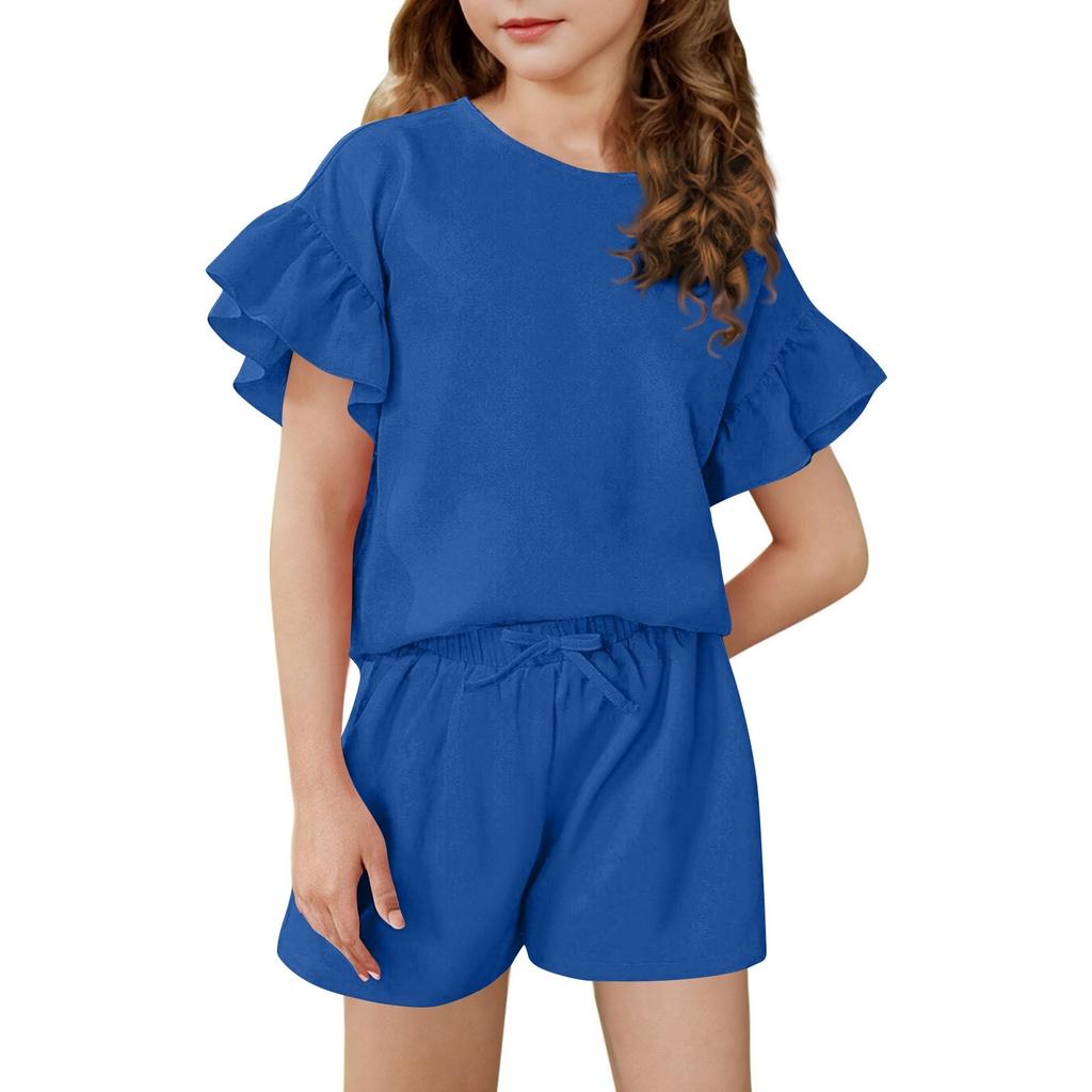 Girls' Summer Outfit Ruffle Sleeve Top And Shorts Clothing Set Lightweight Casual Two Piece