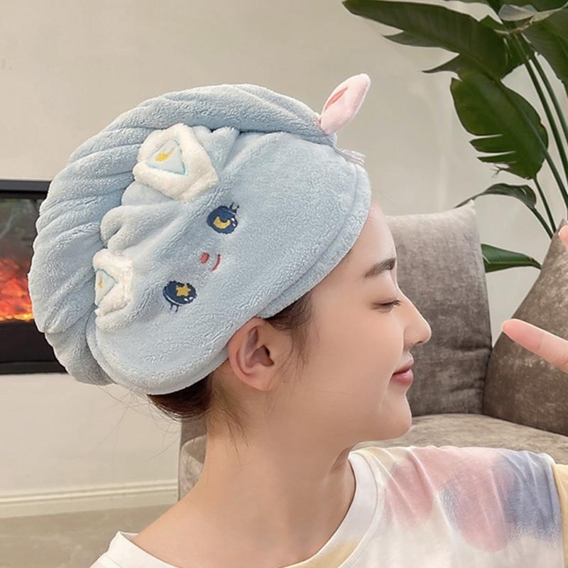 Cartoon Rabbit Hair Towel Wrap Hair Dry Hat Absorbent Hair Drying Towel Hair Towel with Button for Bathroom