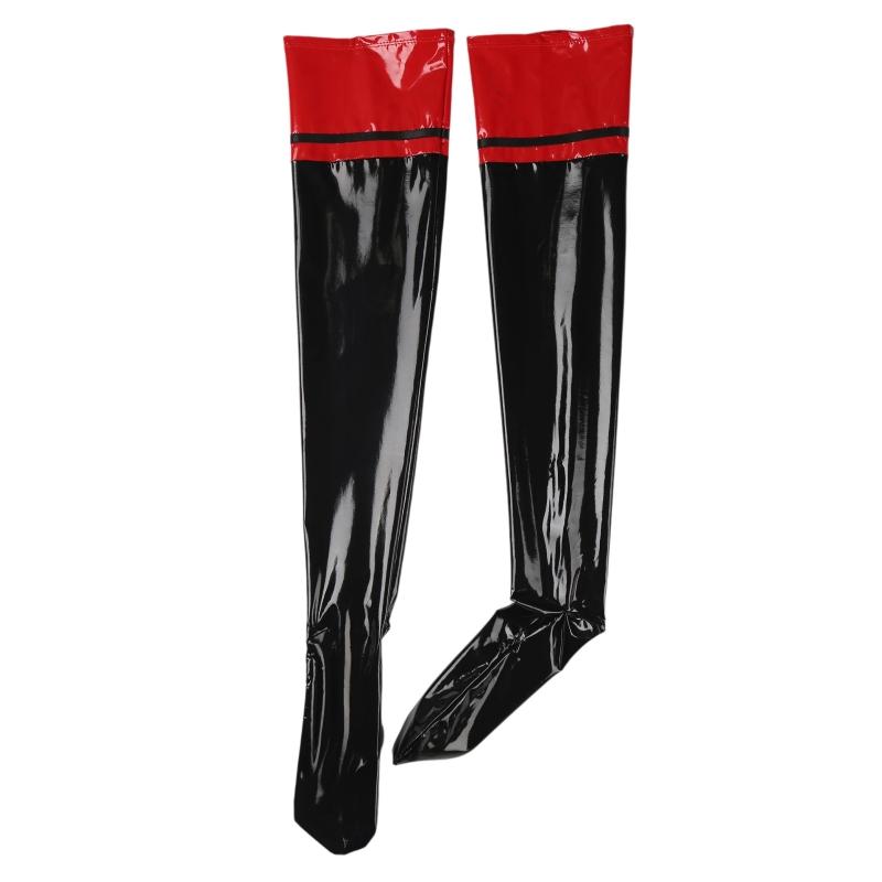 Harajuku Stil Spiegel Glänzend Lackleder Oberschenkelhohe Strümpfe Damen Sexy Kontrastfarbe Pole Dance Clubwear Cosplay Strumpfhosen 1XL black