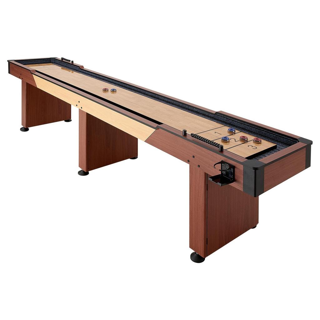 Tavolo Shuffleboard da 3,7 m, Set Combo 2 in 1 Shuffleboard e Bowling, Tavolo Shuffleboard con Finitura in Legno Rustico, Piano di Gioco Resistente ai Graffi, 8 Dischi,