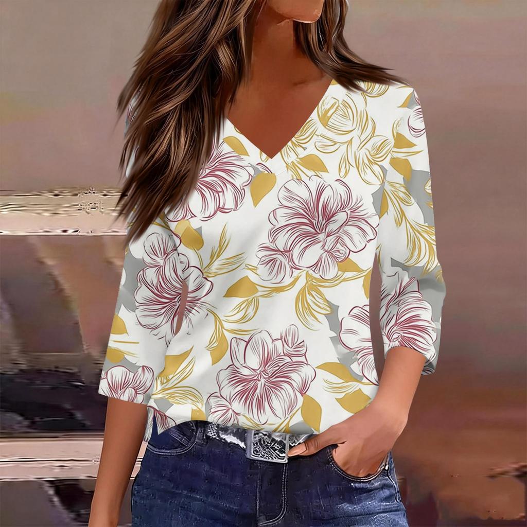 Women’s V Neck 3/4 Sleeve Blouse with Large Floral Print Relaxed Fit Lightweight Casual Top for Daily Wear
