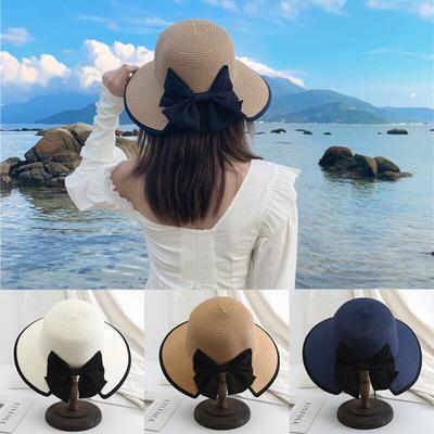 Elegant Womens Straw Hat Lady Beach Hat Summer Sun Floppy Wide Brim Foldable Bucket Cap Sunscreen Hat For Outdoor Camping Hiking