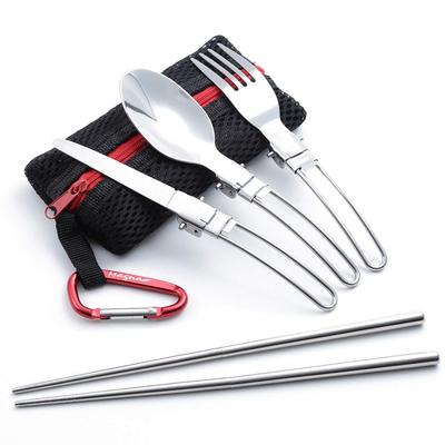 MAGNA Folding Single Cutlery Set with Mesh Storage and Carabiner Bag, Fork, Spoon, Knife, Chopsticks, (6-piece Set) (Black)