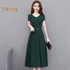 Summer Lady Dress Round Neck A-line Short Sleeves Slim Waist Plus Size Pure Color Slim Fit Mid-calf Length OL Commute Midi Dress