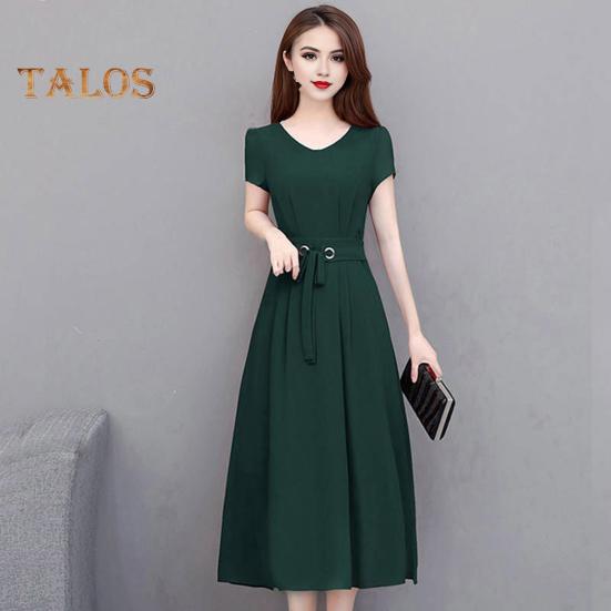Summer Lady Dress Round Neck A-line Short Sleeves Slim Waist Plus Size Pure Color Slim Fit Mid-calf Length OL Commute Midi Dress