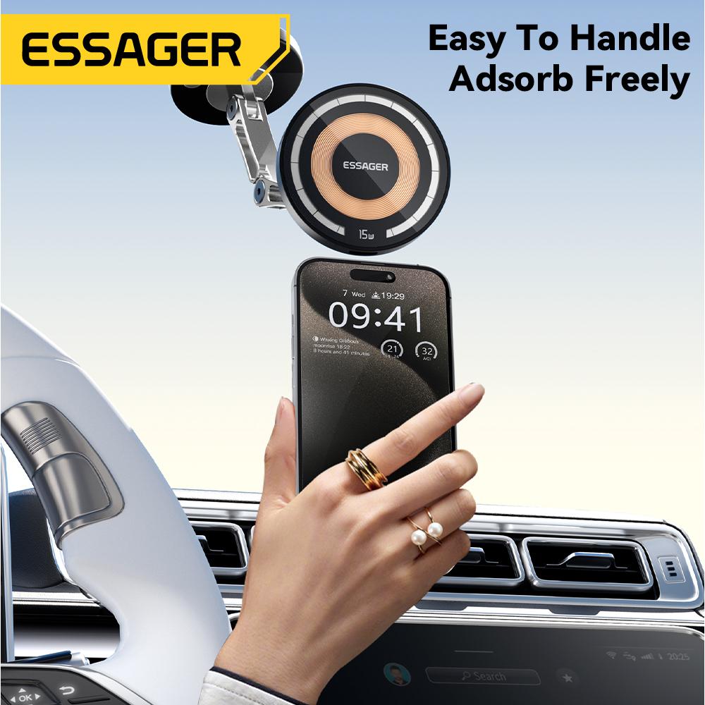 Essager Magnetic Wireless Charger Car Phone Holder 15W Fast Charging Easy Paste Mount Stand For Magsafe 15 14 13 Pro Max