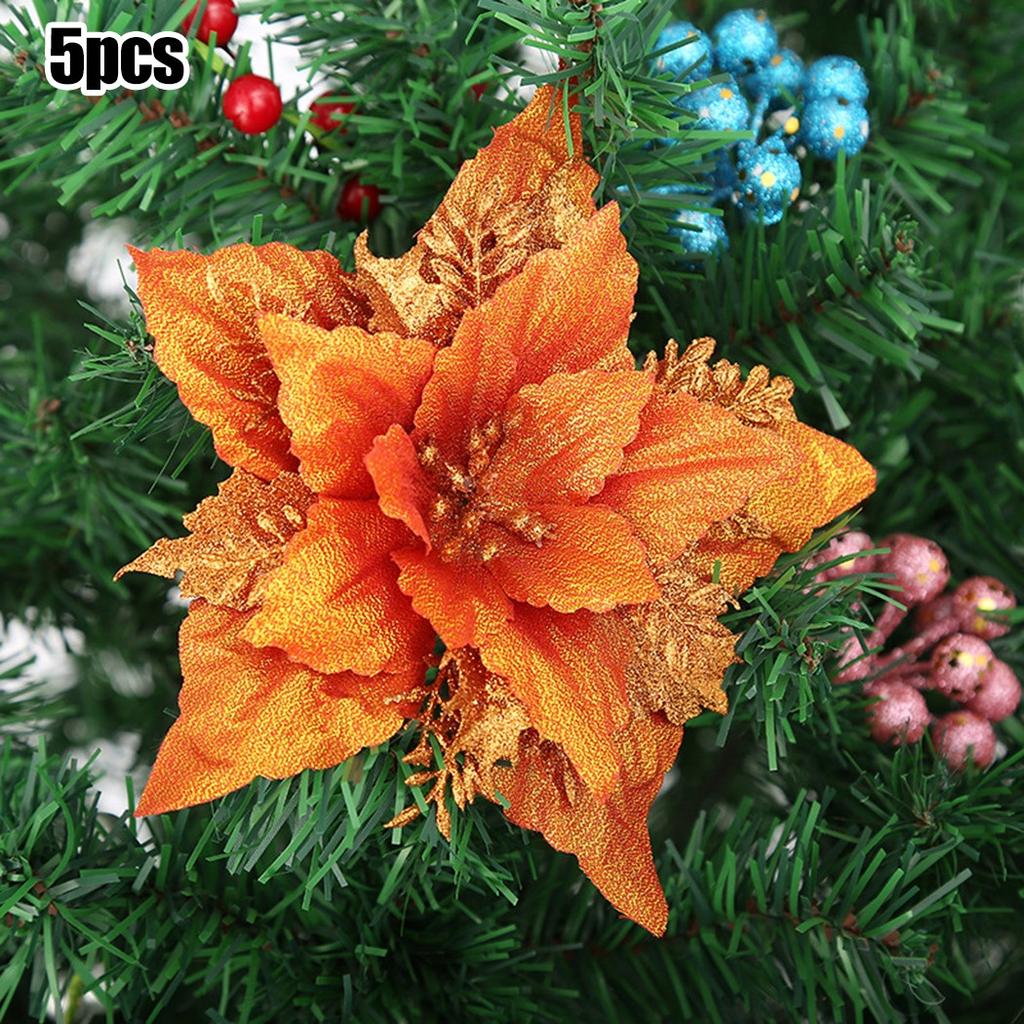5 Pack Christmas Poinsettia Glitter Flower Ornaments in Colors