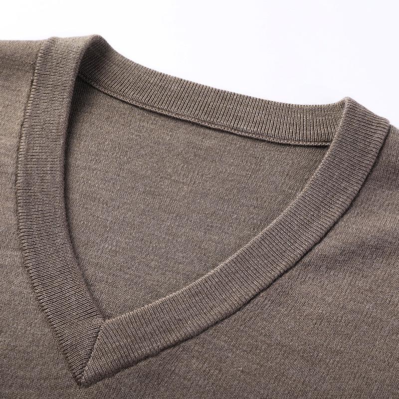 Men's V-Neck Solid Color Sweater - 100% Fine Wool, Thickened for Autumn/Winter, Long Sleeve Knitwear