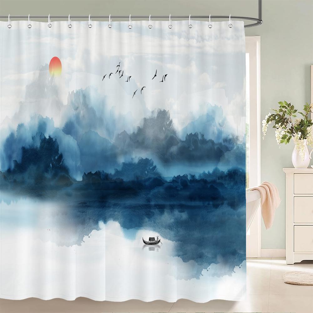 Ink Painting landscape 180x180cm Shower Curtains Waterproof Polyester Chinese style Flower Birds Bathroom Curtain With Hooks