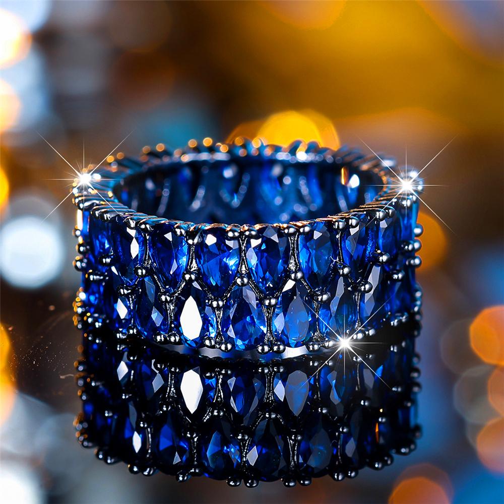 Luxuriöser Damen Kristall Lila Blauer Zirkonstein Verlobungsring Vintage Schwarzgold Farbe Wassertropfen Hochzeitsschmuck Für Frauen