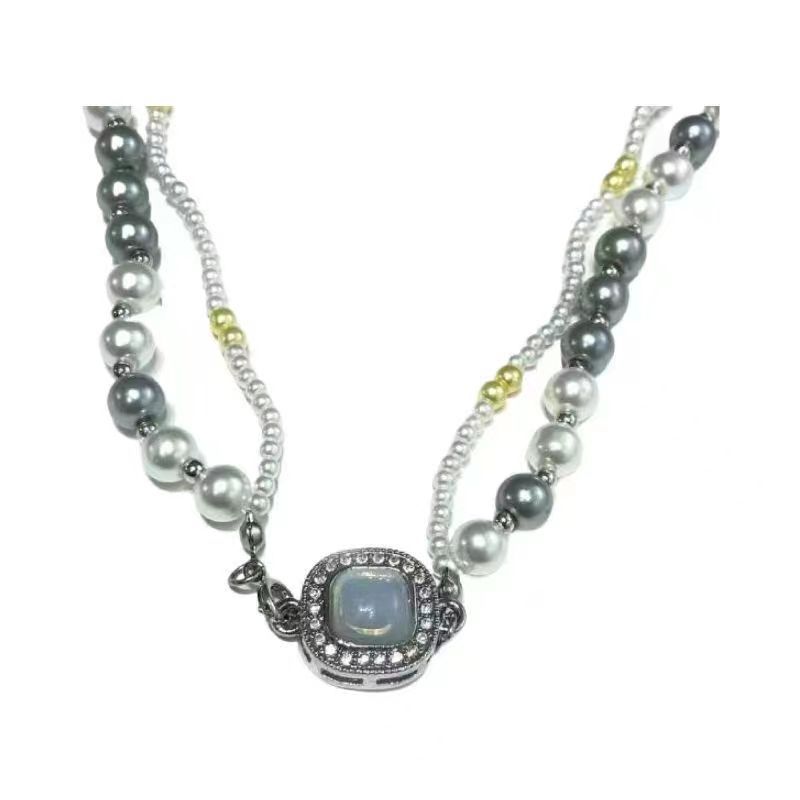 Sugar cube gray-white wrapped pearl necklace women s light luxury heavy industry unique French collarbone chain accessories tide