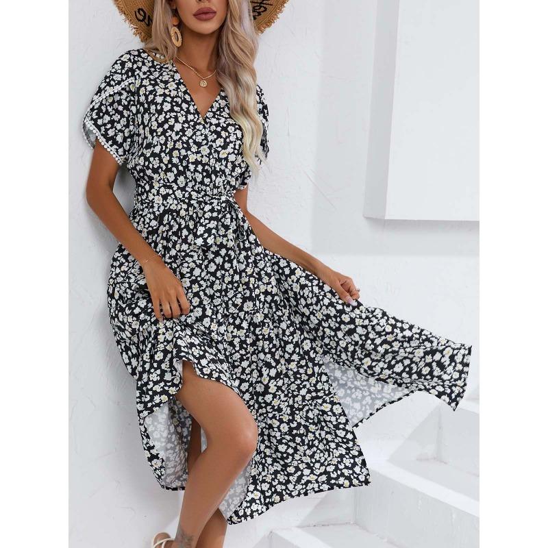 Summer Short Sleeve Floral Printed Women Dress New V Neck Fashion Elegant Loose Casual Party A-line Dresses Female Lace-up Women's Clothing