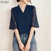 ZANZEA Women Casual V-Neck Lace Splice 3/4 Sleeve Blouse