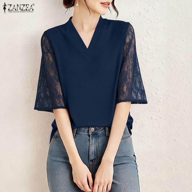 ZANZEA Women Casual V-Neck Lace Splice 3/4 Sleeve Blouse